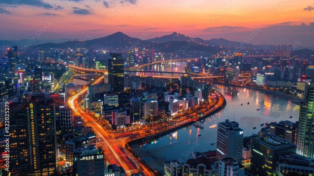 A bird's eye view of the urban architecture at night