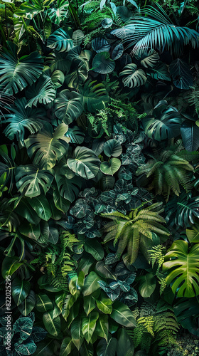 A cascade of emerald greens and sapphire blues melding together  like the lush foliage of a tropical rainforest.