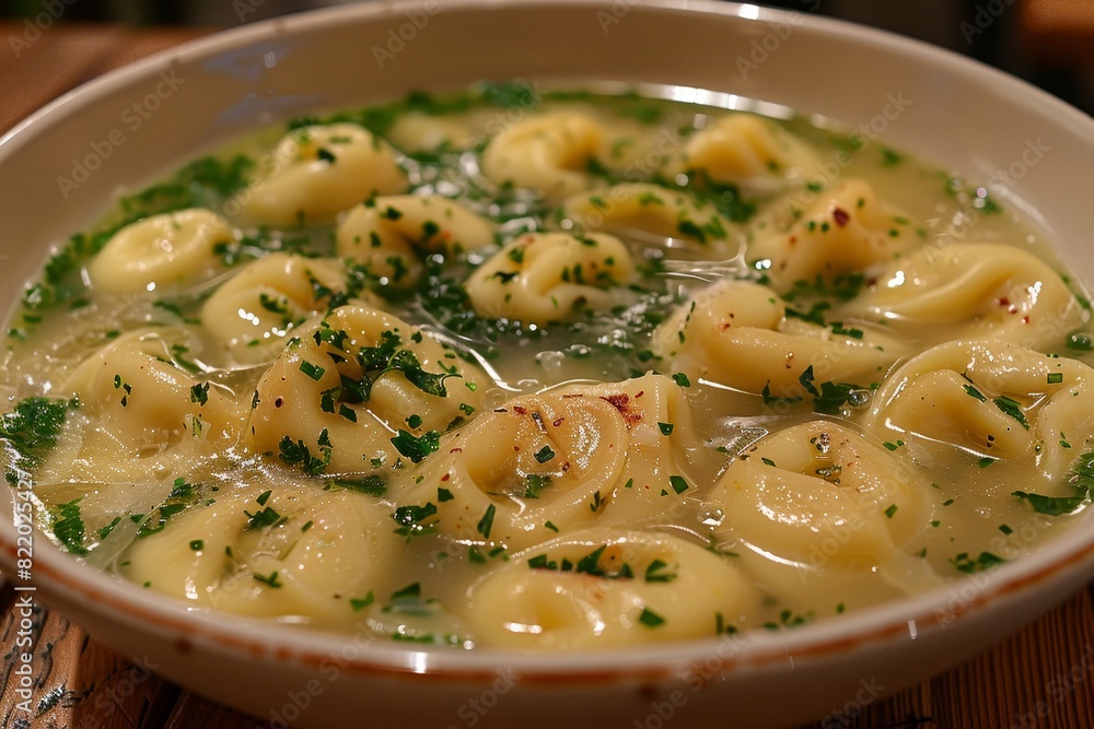 Tortellini in Brodo: Small stuffed pasta served in a clear, rich broth, garnished with grated Parmesan Tortellini in Brodo: Small stuffed pasta served in a clear, rich broth, garnished with grated Parmesan