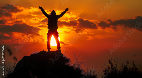 Silhouette of person celebrating in front of the sun on mountain top  victory success and accomplishment concept
