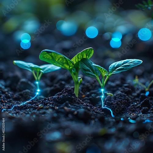 Close-up of young plant seedlings sprouting with a vibrant glow in the dark soil, highlighting growth, nature, and sustainability.