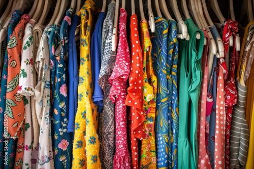 Variety of clothes on hangers in neatly arranged wardrobe closet for easy access