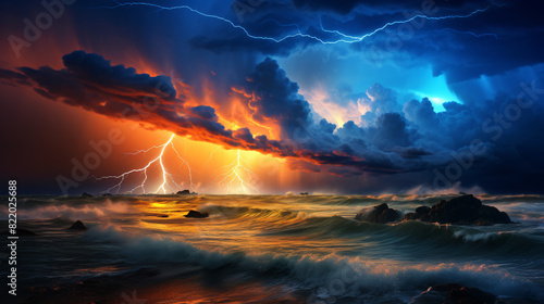 lightning and storm on sea to the sunset photo