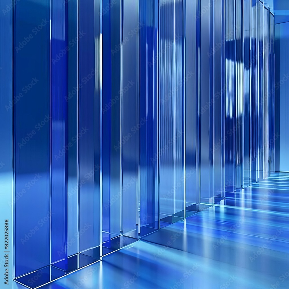 Obraz premium Abstract blue glass panels reflecting light, creating a modern, sleek, and futuristic visual effect, perfect for backgrounds and designs.