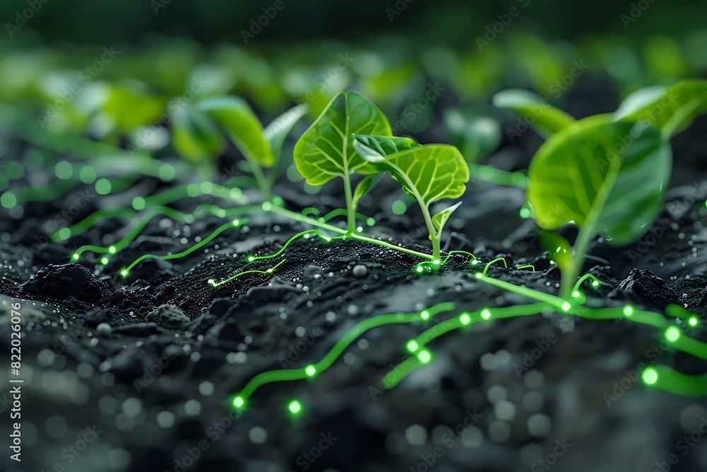 Close-up of young plants growing in soil with glowing green lines, illustrating modern agricultural technology and innovation. Close-up of young plants growing in soil with glowing green lines, illustrating modern agricultural technology and innovation.