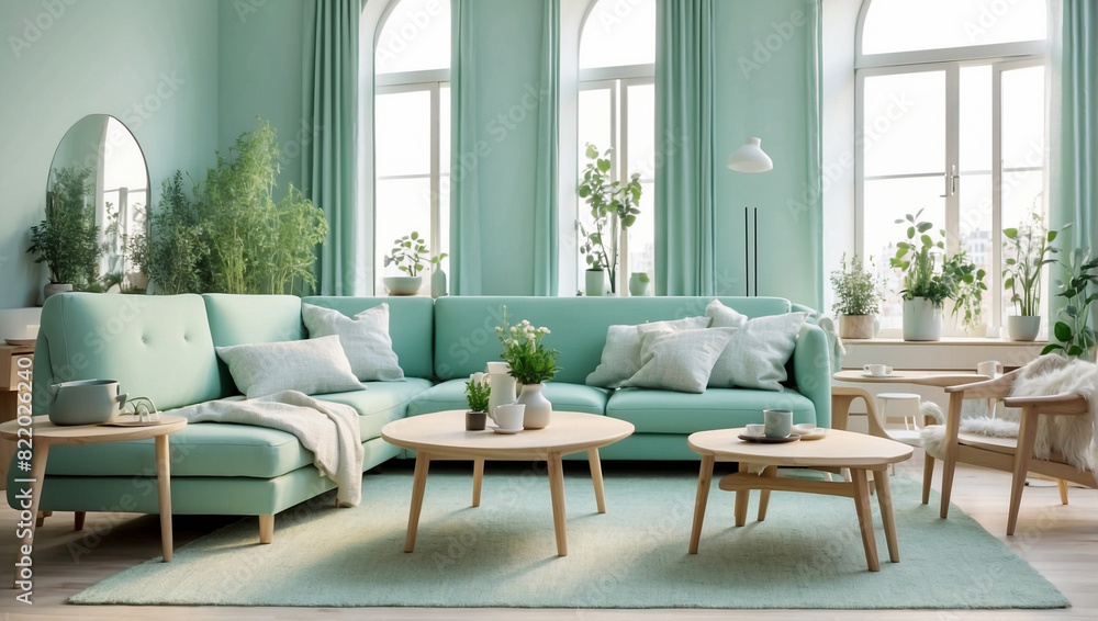 Modern mint-colored living room, beautifully decorated with plants.AI generated