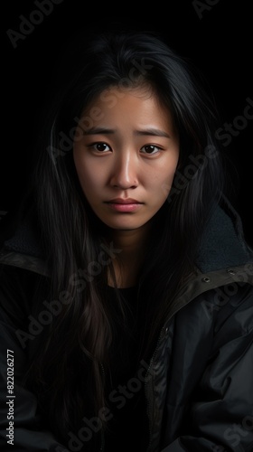 Black background sad Asian Woman Portrait of young beautiful bad mood expression Woman Isolated on Background depression anxiety fear burn out health issue problem 