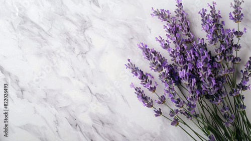 Beautiful lavender bouquet on white marble background