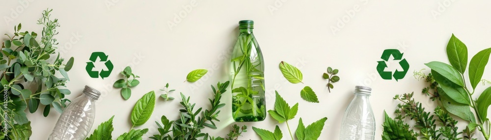 Green leaves and recycled tableware. Green leaves and recycled tableware.