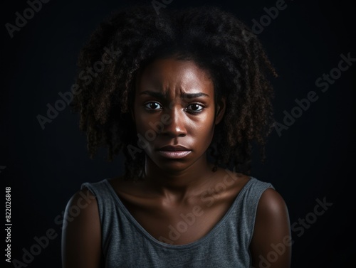 Black background sad black independant powerful Woman realistic person portrait of young beautiful bad mood expression girl Isolated on Background racism skin color depression