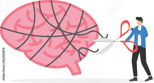Stress elimination from busy work or toxic environment concept, changing behavior for better mental health, businessman cutting stress string around brain with scissors
