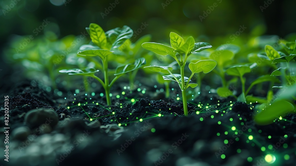 Close-up of young seedlings growing in soil, illuminated with green lights in a dark environment, symbolizing growth and sustainability. Close-up of young seedlings growing in soil, illuminated with green lights in a dark environment, symbolizing growth and sustainability.