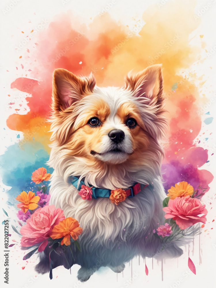 White furry dog surrounded by flowers, white background.AI generated White furry dog surrounded by flowers, white background.AI generated