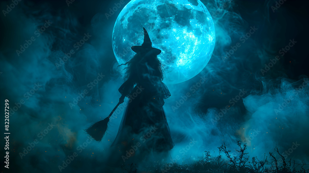 A Halloween witch flying across the full moon on a broomstick, with fog and eerie lighting. A Halloween witch flying across the full moon on a broomstick, with fog and eerie lighting.