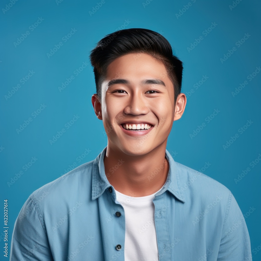 Blue Background Happy asian man realistic person portrait of young teenage beautiful Smiling boy good mood Isolated on Background ethnic diversity equality acceptance