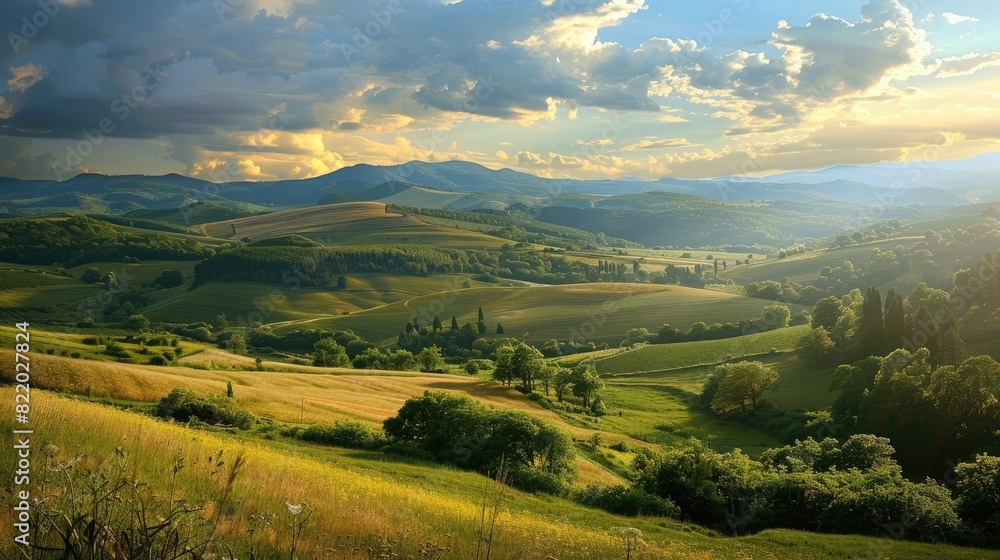 A countryside landscape with hills.