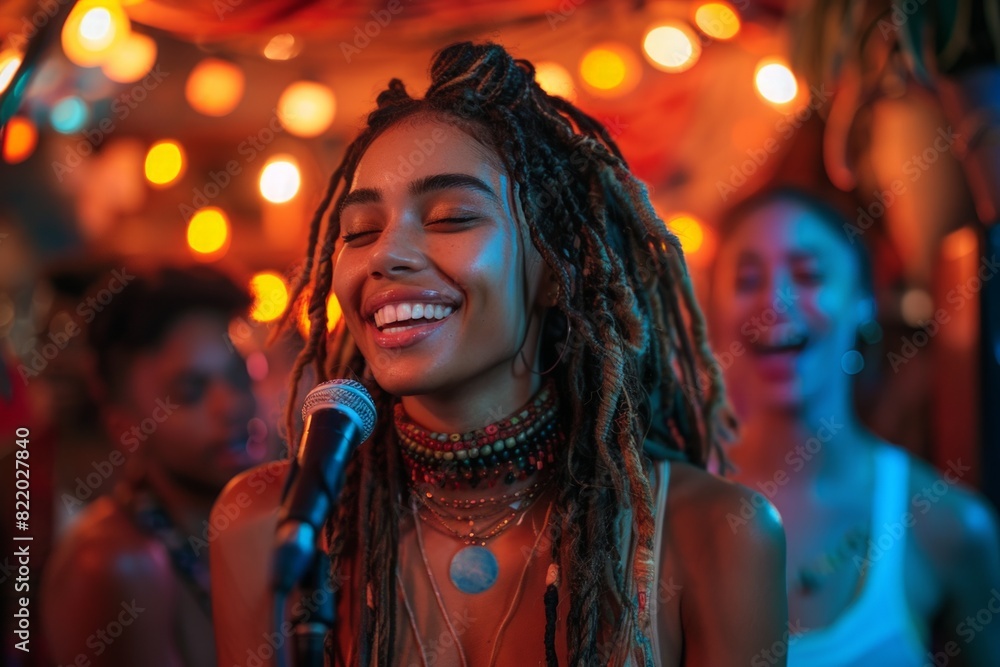 Young woman singing into microphone at party Young woman singing into microphone at party
