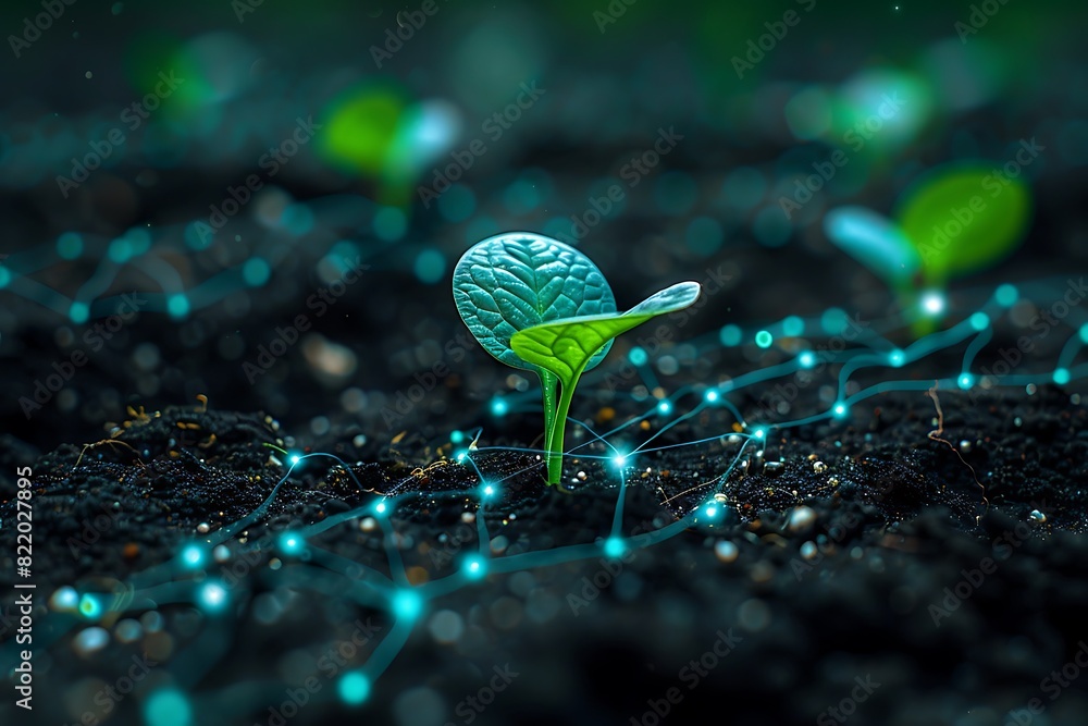 Futuristic concept of digital technology in agriculture with a young plant in soil connected by glowing network lines