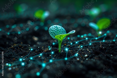 Obraz na płótnie Futuristic concept of digital technology in agriculture with a young plant in soil connected by glowing network lines w salonie