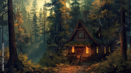 A cozy cabin in the woods, surrounded by towering trees and the sound of chirping birds. photo