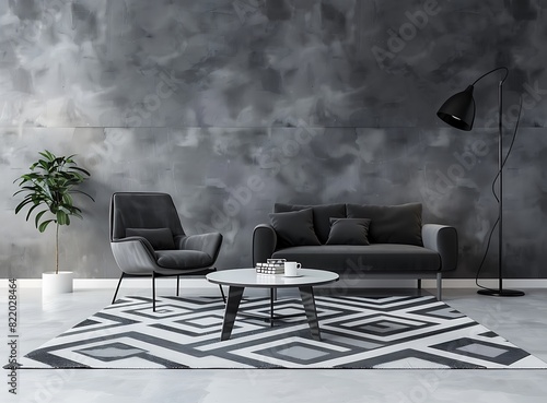 Modern living room interior with grey walls  white floor and black furniture decorated in the style of geometric pattern rug  armchair  coffee table and modern lamp on the background