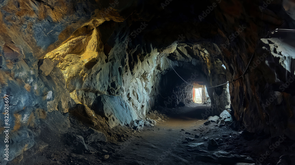 Deep into the abyss: entrance of an underground cave tunnel