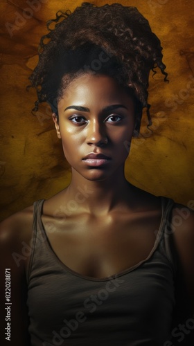 Bronze background sad black independant powerful Woman realistic person portrait of young beautiful bad mood expression girl Isolated on Background racism skin color depression