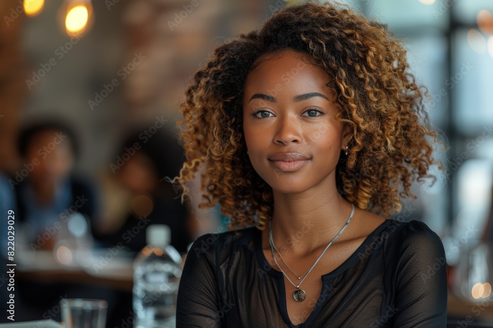 Woman with curly hair sitting at table Woman with curly hair sitting at table