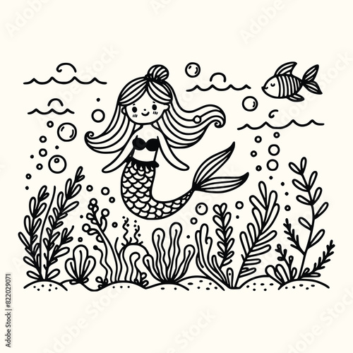 mermaid with sea doodle illustration