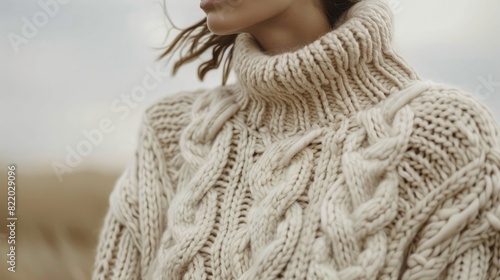 A cozy knit sweater, with a chunky cable-knit design that adds texture and warmth. photo