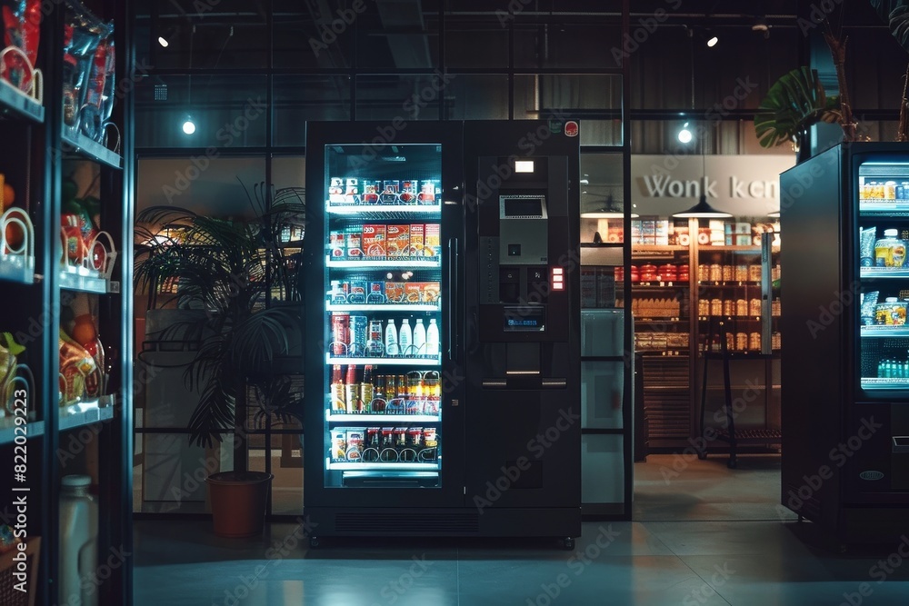 Futuristic vending machines full of beverages and food Futuristic vending machines full of beverages and food