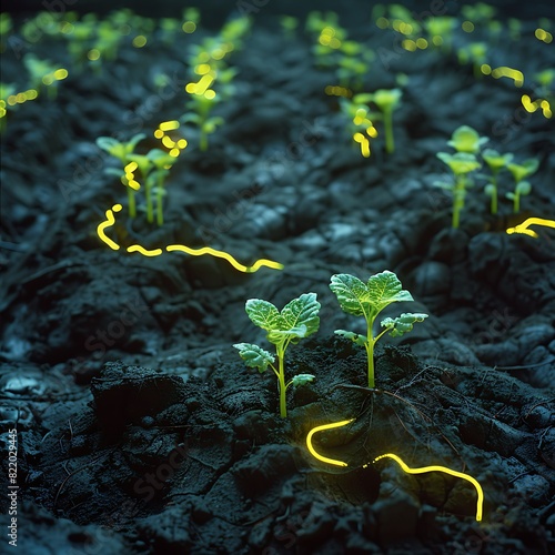 Young green plants growing in dark soil with glowing lines, symbolizing innovative agriculture and technological enhancement of farming. photo