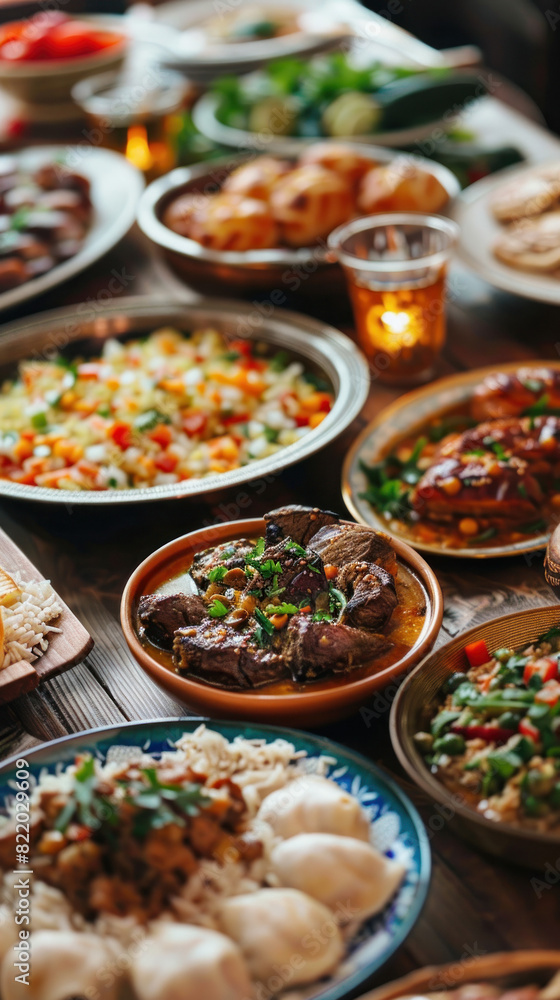 Vibrant Eid Lamb Table Spread., Eid feast, Islamic celebration, Family feast.