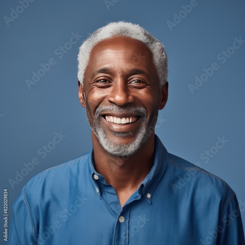 Blue Background Happy black american independant powerful man. Portrait of older mid aged person beautiful Smiling boy Isolated on Background ethnic 