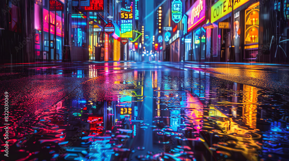 City nightlife, neon lights reflecting on wet streets, focus on, excitement, vibrant, double exposure, urban alleyway backdrop