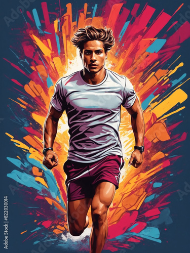 A man in a white t-shirt is jogging  colorful background.AI generated