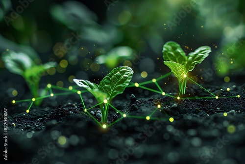 Young green plants with interconnected digital nodes growing in dark soil, representing innovation in agriculture and technology.
