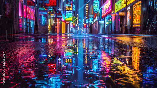 City nightlife  neon lights reflecting on wet streets  focus on  excitement  vibrant  double exposure  urban alleyway backdrop