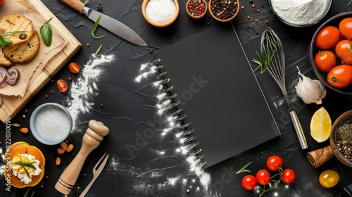Top view of a kitchen table with a blank recipe book, ingredients for cooking and a knife.