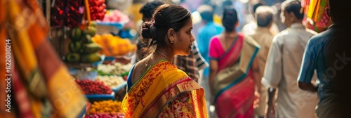 A young Indian woman wearing a colorful sari, walking through a vibrant street market