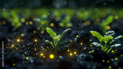 Young green seedlings growing in dark rich soil, with beautiful glowing particles representing growth and life in a close-up view. © Tackey