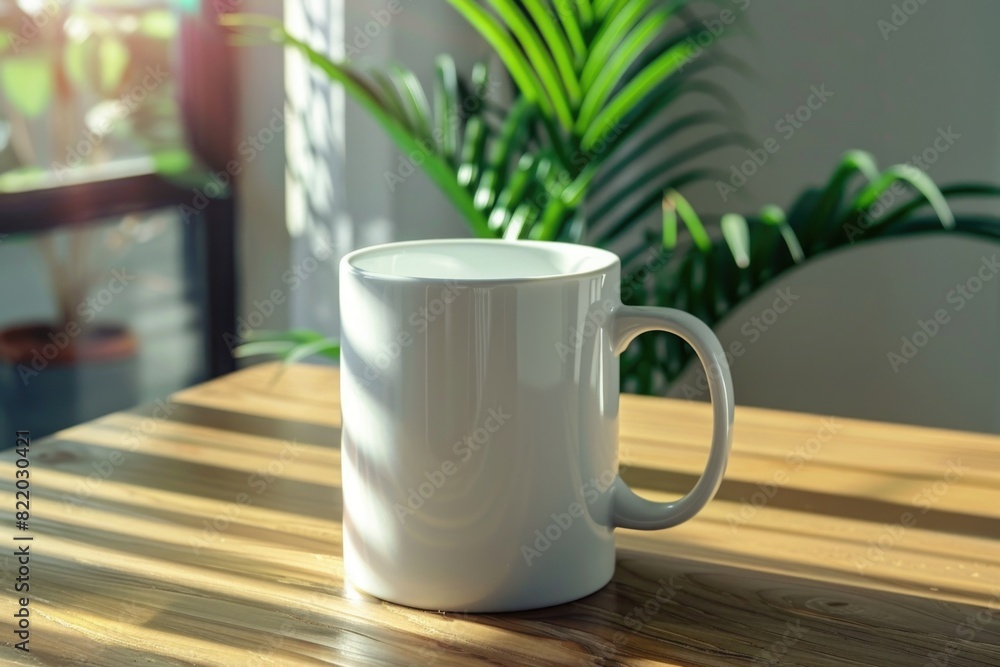 A white mug mockup on a table near a window. A white mug mockup on a table near a window.