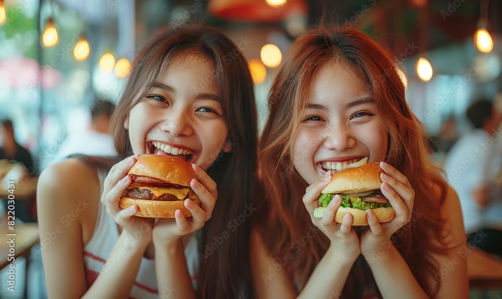 Two Asian girls are sitting in a bright modern cafe, sharing moments of joy and laughter while enjoying burgers. Two Asian girls are sitting in a bright modern cafe, sharing moments of joy and laughter while enjoying burgers.