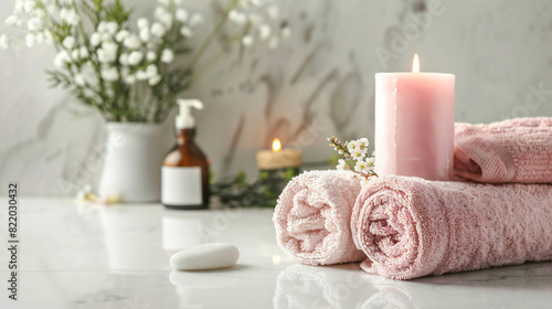 Beautiful spa composition with burning candle rolled t