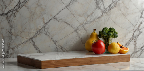 View of a stylish kitchen with a marble table background, fruits and a board