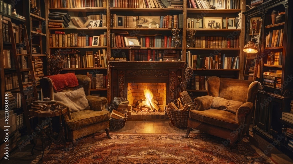 A cozy living room with a crackling fireplace, inviting armchairs, and shelves filled with old books.