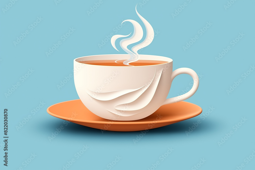 Obraz premium A white cup filled with coffee on a orange saucer against a blue background in 3D style.