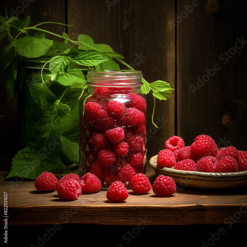 Food illustration: a jar of raspberry compote on a wooden table, ripe raspberries, and raspberry leaves on the table. Summer is still life. Healthy and very tasty. photo