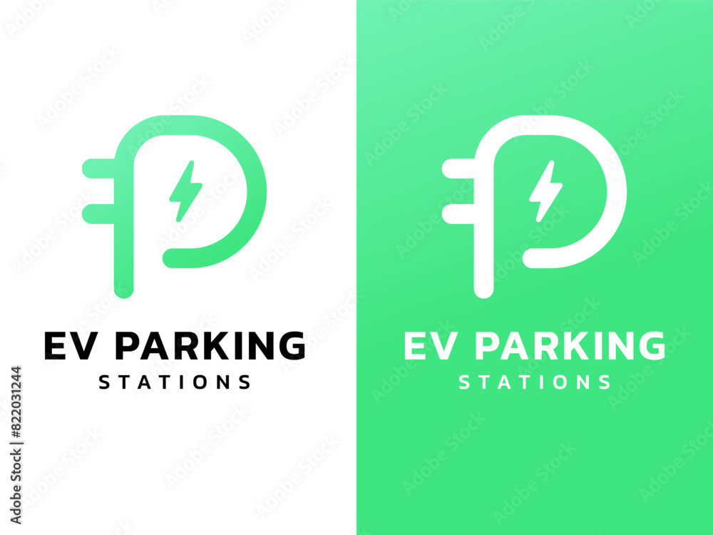 EV Parking Station with letter P Plug Connector Lightning Bolt Symbol logo vector design concept. Electric vehicle charging logotype symbol for Electric Car, EV station, ui, business, infographic, web