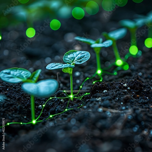 Young plant seedlings with glowing connections sprouting from rich soil, representing growth and innovation in a futuristic garden setting. photo